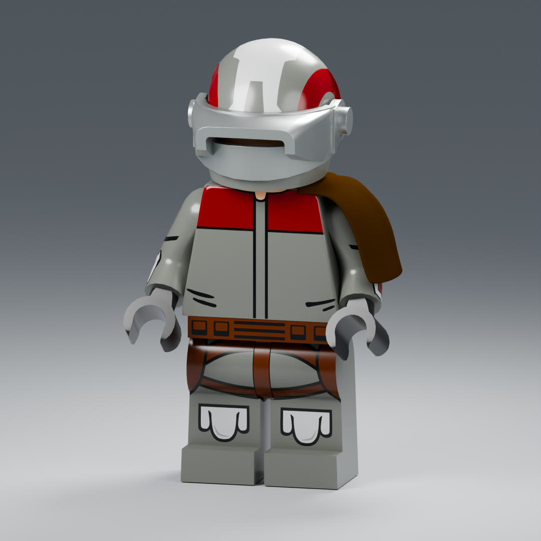 Front render of the helmeted custom figure with red detailing and brown shoulder cape