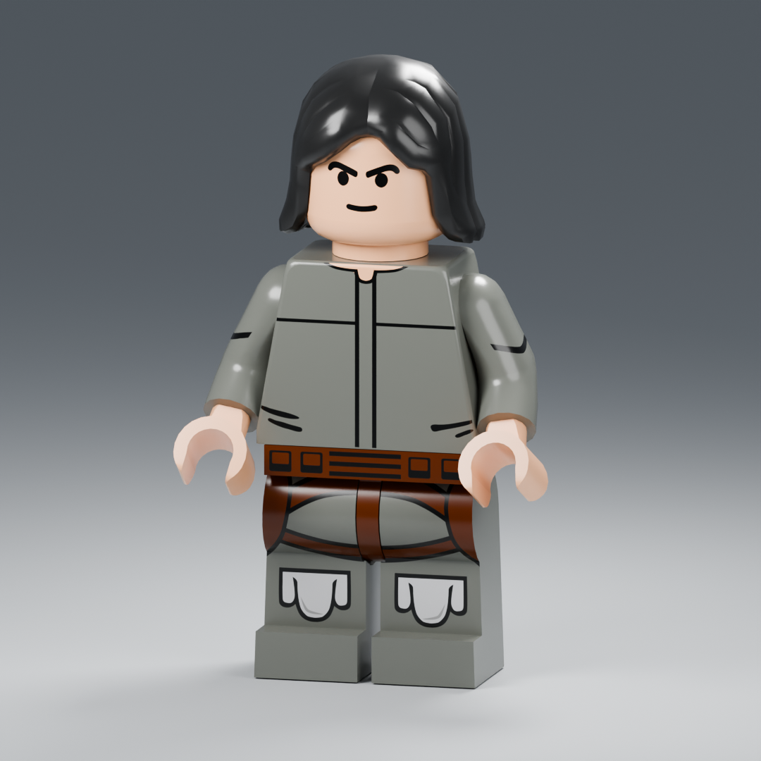 Front render of the custom figure with black hair and gray uniform