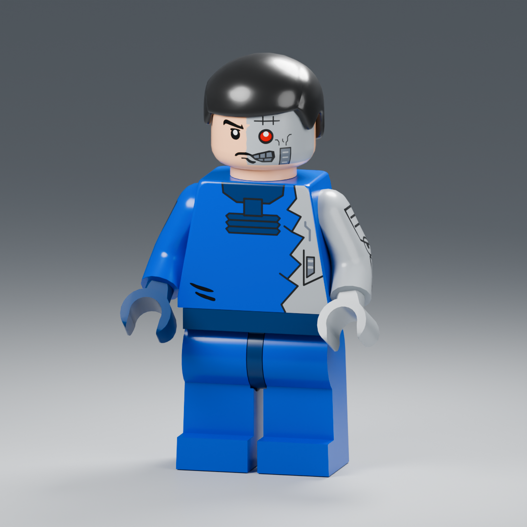 Space Cyborg custom minifigure with black hair, a red robotic eye, torn blue suit, and light bluish gray robotic arm