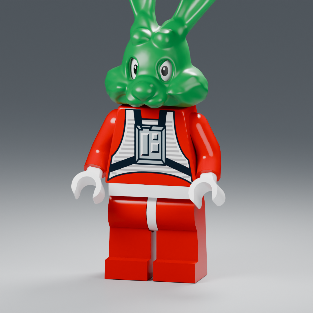 Close-up front render of a green rabbit-headed custom figure with a red spacesuit